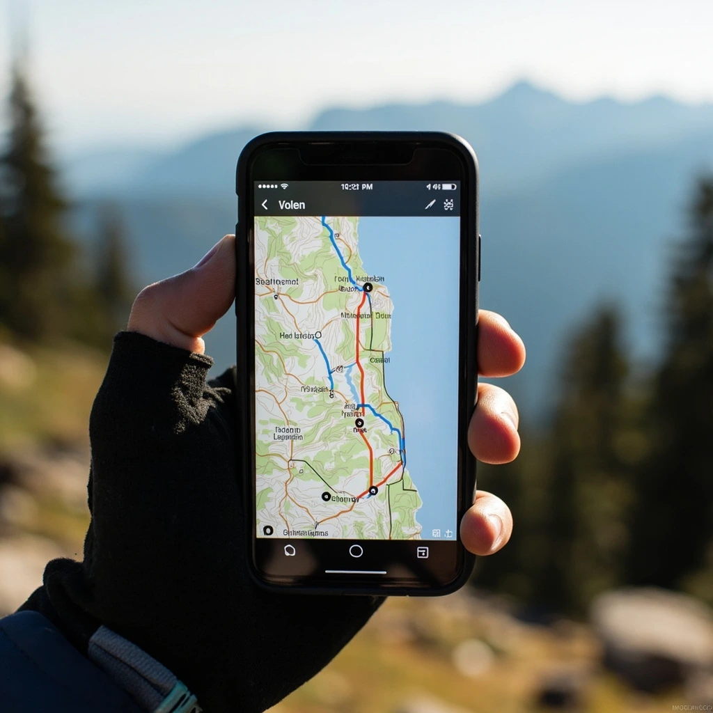 A smartphone in a gloved hand displaying the companion CalTopo map pack from Issue 47.